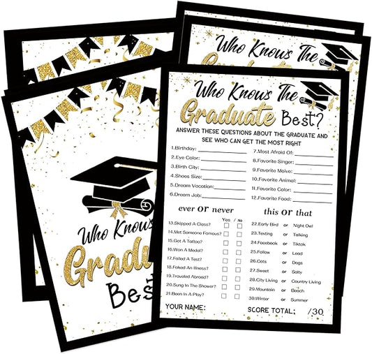 Who Knows The Graduate Best, 30 Black Gold Grad Party Games Cards, Graduation Games 2025 Party Favors, Graduation Party Decorations for Senior High School College University