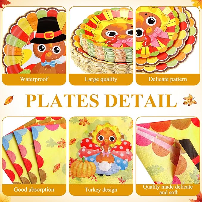 Pickmesh 400 Pcs Turkey Thanksgiving Party Supplies Include Disposable Paper Plates Napkins Cups Cutlery Harvest Dinnerware for Fall Autumn Thanksgiving Party Decorations Serve 50