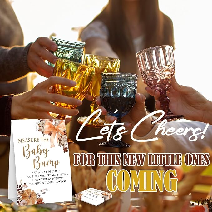 Bow Measure The Baby Bump - Thanksgiving Baby Shower Card Set (1 Sign With 50 Guess Cards), Fall Florals Gender Reveal Party Favor Supplies -A09