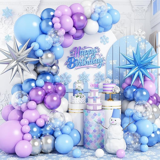 Snow Balloon Garland Arch Kit with Star Foil Balloons, Snow Birthday Party Supplies, Blue Purple White Snowflake Balloons Arch Kit for Princess Winter Wonderland Girl Baby Party Decorations
