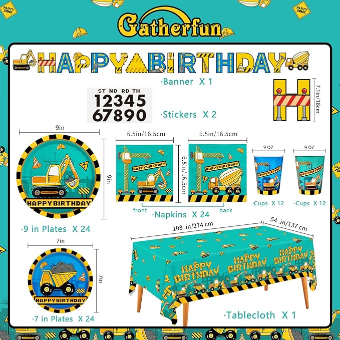 Construction Birthday Party Supplies Kit - Disposable Paper Plates, Napkins, Cups, Tablecloth, & Banner - Construction Theme Birthday Party Decorations, Serve 25