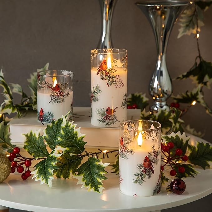 LUSHABOR Christmas Flameless Candles, 3 Pack Battery Operated Candles for Christmas Mantel Decor, Glass LED Flickering Candles Home Xmas Party Holiday D3 H4 5" 6", Bird