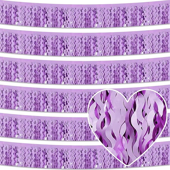 6 Pack 10 Feet Light Purple Wave Foil Fringe Garland Metallic Tinsel Streamers Banner Wall Hanging Curtain Backdrop for Parade Floats, Mother's Day, Easter, Wedding, Birthday Party Decoration