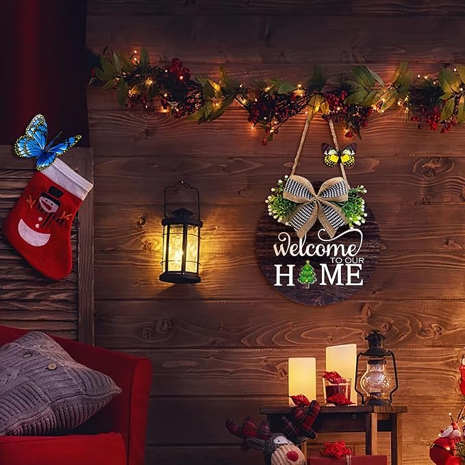 Interchangeable Seasonal Welcome Sign Front Door Decorations, Round Wood Wreath for Outdoor, Farmhouse, Porch Perfect for New Home Housewarming Gift, Valentine's, Easter, Christmas Home Decor