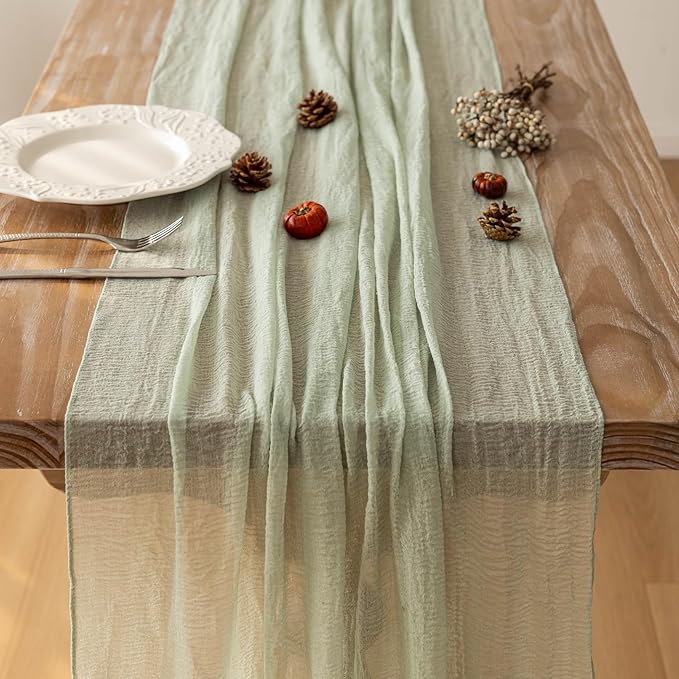 10pcs Cheesecloth Table Runner Sage Green Gauze 120 Inch 10 FT Rustic Boho Cheese Cloth Runner for Wedding Baby Shower Bridal Shower Party Long Sheer Centerpiece Home Decoration