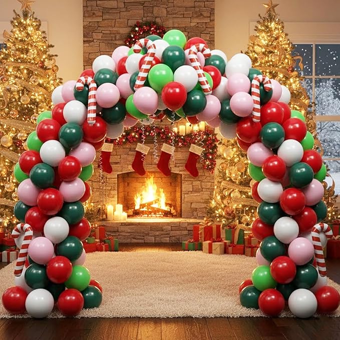 Christmas Balloons, 60pcs Pink Red Green Balloons with Candy Cane Foil Balloon, Retro Green and Pink White Xmas Party Balloon for Christmas Decorations Birthday New Year Carnival Party Supplies