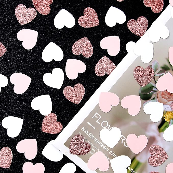 Rose-Gold Pink White Heart Confetti - 300pcs Valentines Mothers Day Engagement Wedding Baby Shower Bachelorette Birthday Party Table Decoration Glitter Paper Decor Lasting Surprise
