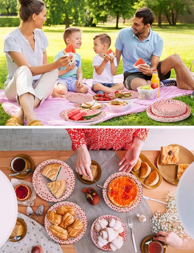 141 Pieces Pink and Rose Gold Party Supplies, Disposable Party Decorations Sets Include Paper Plates Napkins Cups, Plastic Forks Knives Spoons, for Baby Shower Birthday Wedding -20 Guests
