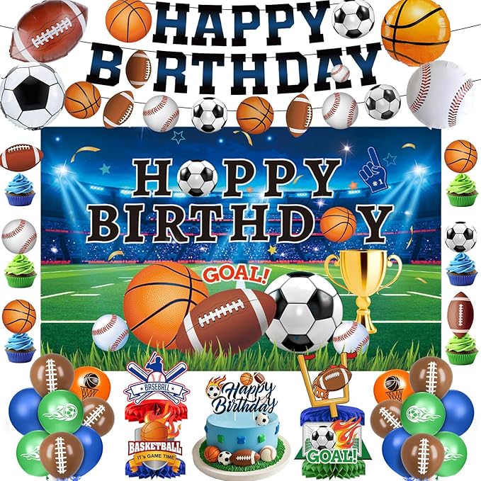 Sports Birthday Party Decorations Includes Banner, Backdrop, Foil & Latex Balloons, Cake & Cupcake Toppers, Honeycomb Centerpieces for Boy Sports Themed Party Decorations