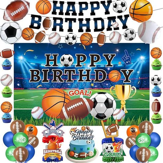 Sports Birthday Party Decorations Includes Banner, Backdrop, Foil & Latex Balloons, Cake & Cupcake Toppers, Honeycomb Centerpieces for Boy Sports Themed Party Decorations