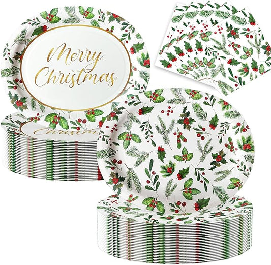 100Pcs Christmas Oval Paper Plates and Napkins Set -10" x 12" Large Disposable Party Plates for Christmas Party Dinner Tableware Decoration Supplies