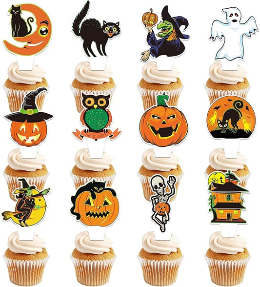 24 PCS Vintage Halloween Cupcake Toppers Halloween Happy Birthday Party Decorations Cake Decor Cupcake Decorations Cake Decorating Party Supplies Decor for Baby Shower Boys Girls