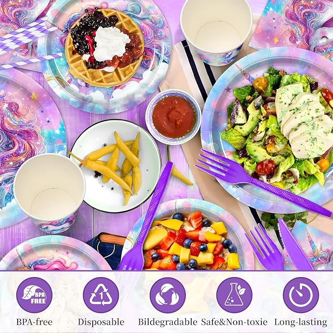 168PCS Unicorn Party Supplies Set for 24 Guests, Magical Unicorn Plates, Cups, Napkins, Straws, and Cutlery, Disposable Tableware Set for Birthday, Baby Shower, and Girls’ Party Decorations