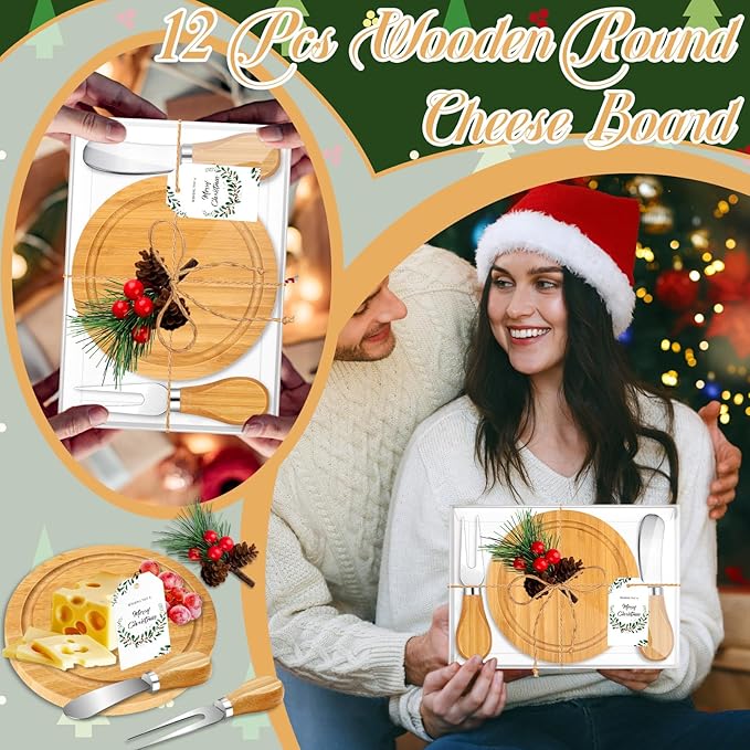 12Set Christmas Gifts Bamboo Round Cheese Board Set Cheese Knives Mini Cutting Board Set Cheese Board Gift Set Christmas Tags and Boxes Christmas Party Birthday