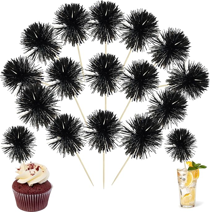 Ephlyn 30Pcs Foil Firework Cupcake Toppers Sparkle Tinsel Cupcake Picks Happy Birthday Cake Decorations Drink Stirrers Cocktail Food Fruit Toothpicks for Baby Shower Graduation Party Supplies Black