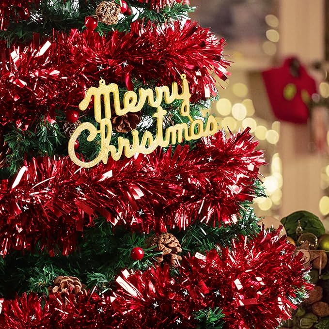 50Ft Christmas Tinsel Garland, Red Metallic Twist Garland for Xmas Tree Decorations, Tinsel for New Year Party Ceiling Hanging Decorations Indoor and Outdoor Decor Supplies