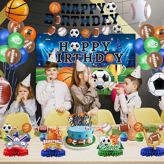 Sports Birthday Party Decorations Includes Banner, Backdrop, Foil & Latex Balloons, Cake & Cupcake Toppers, Honeycomb Centerpieces for Boy Sports Themed Party Decorations