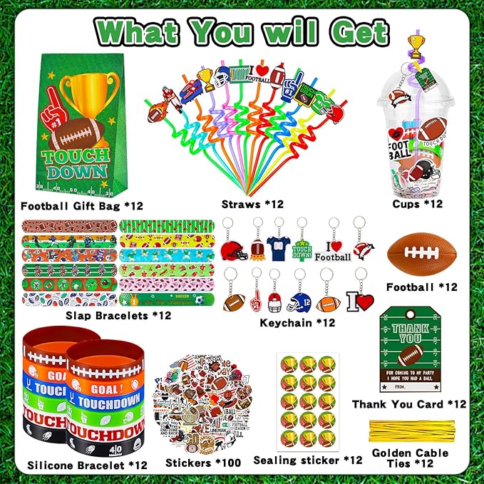 208Pcs Football Party Favors Party Supplies Contains Football Goodie Bags Cups Straw Stickers Mini Football Silicone Bracelets Keychains Thank You Tags Ideal Football Birthday Party Supplies for Team