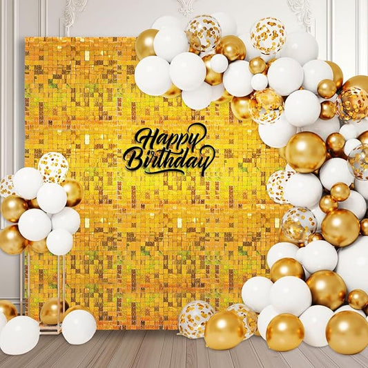 36 PCS Gold Shimmer Wall Backdrop, Laser Square Sequin Photo Backdrops Panel, Glitter Wall Background for Birthdays, Weddings, Halloween, Engagements, Disco Bachelorette Party Decoration (6FTx6FT)