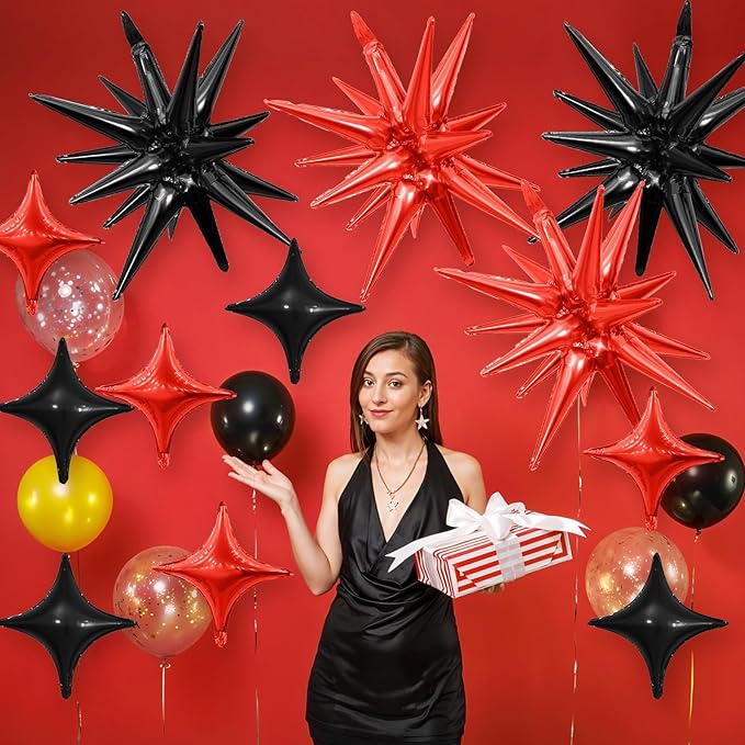 Black Red Star Balloon,6Pcs 22Inch Explosion Star Balloons and 10Pcs 10Inch Four Angle Balloons Kit for Halloween Birthday Anniversary Graduation Baby Shower Wedding Party Decorations