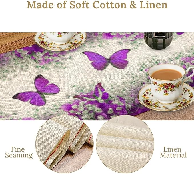 Floral Butterfly Spring Table Runner, Purple Flowers Seasonal Kitchen Dining Table Decoration for Home Party Decor 13x60 Inch