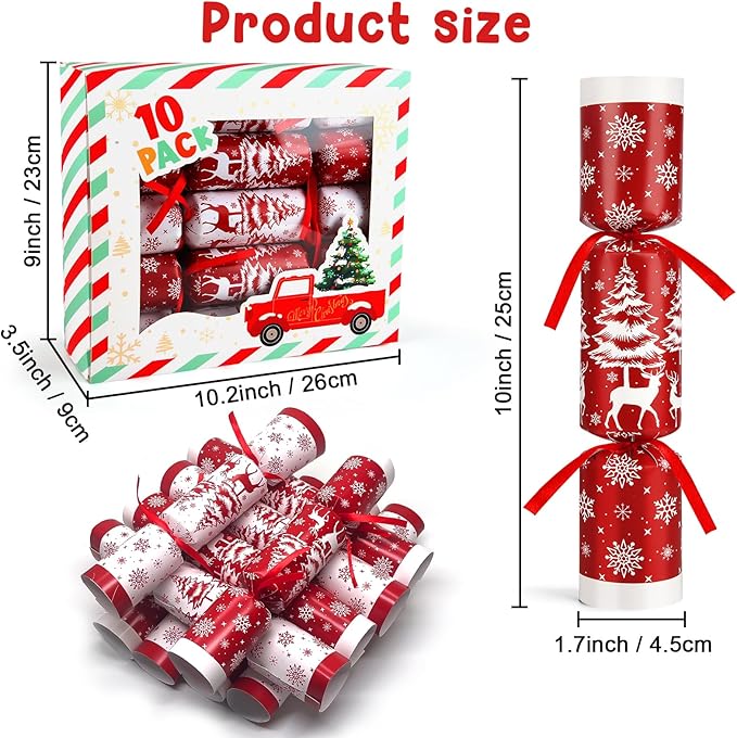10 Pack Christmas No Snap Party Favor with Red & White Snowflake Design with Party Hat, Joke & Little Gift Inside for Kids, Xmas Gift, Christmas Seasonal Holiday Party Dinner Traditions Supplies