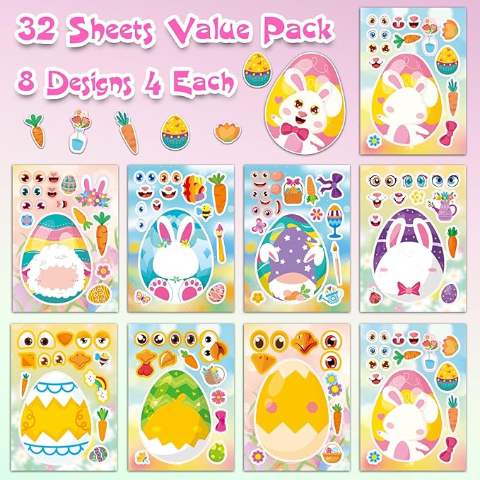 Aowplc 32 Sheets Easter Make A Face Animal Stickers Mix and Match Easter Crafts for Kids Party Favors Supplies