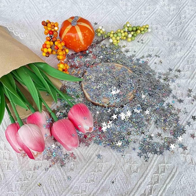60g Star Confetti Glitter Star Table Confetti, Metallic Foil Star Glitter, Table Decorations for Party Wedding birthday graduation Decorations(Glitter Silver Set, 10mm and 6mm)
