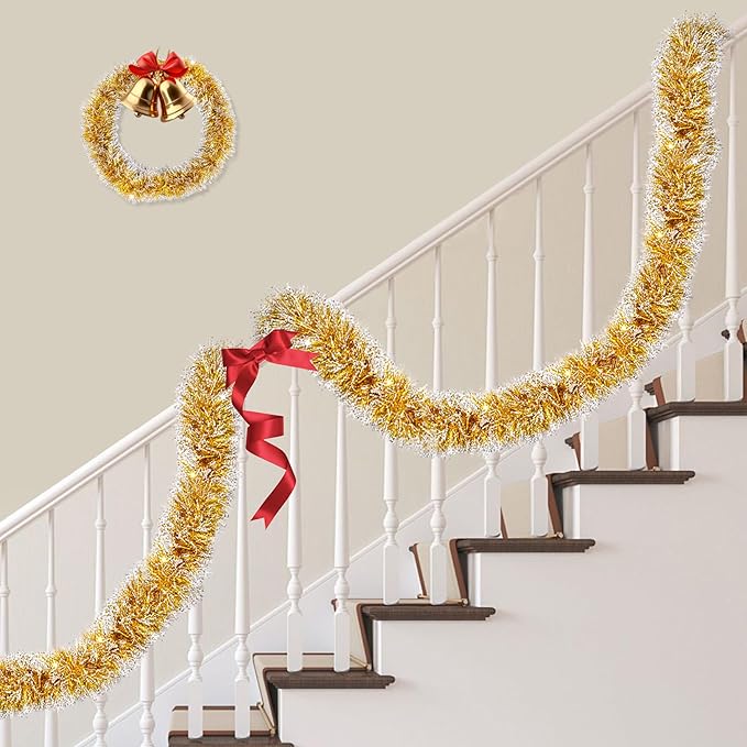 50FT Gold White Christmas Tinsel Garland, Metallic Twist Xmas Garlands for Christmas Tree Decorations, Holiday Hanging Garlands for Mantel Staircase Indoor Outdoor Home Office Party Holiday Decor