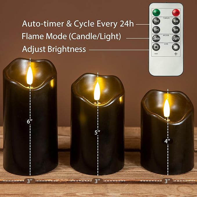 Halloween Flameless Candles with Remote, 3 Pack Battery Operated Wax LED Flickering Candles Halloween Home Party Decor for Fireplace/Shelf/Centerpiece Black