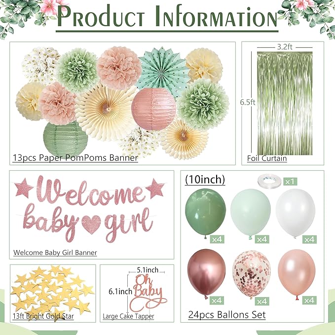 Dusty Pink Sage Green Baby Shower Decorations - Welcome Baby Girl Banner, Retro Pink Green Rosegold Balloons, 'Oh Baby' Cake Topper, Pom Poms Flowers Paper Fan For Birthday Jungle Woodland Party