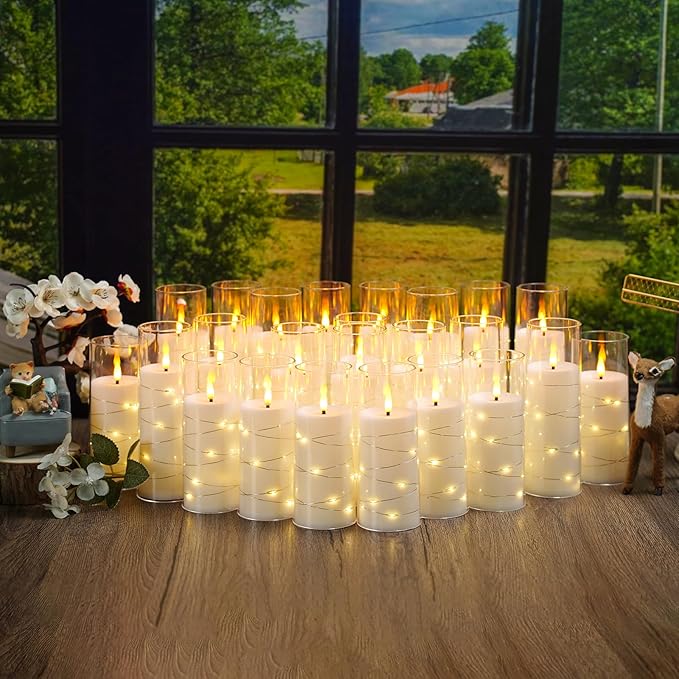 Flickering Flameless LED Candles,Battery Operated Candles 24 Pcs with Embedded Star String,Acrylic LED Pillar Candles with Remote,Suitable for Home Decoration to Create an Atmosphere (White)