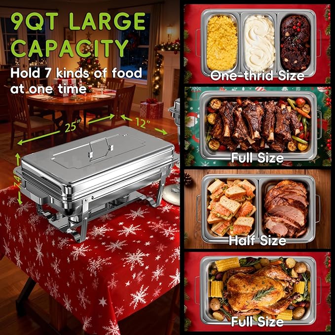 sifer Chafing Dishes for Buffet 4 Pack, 9 Qt Stainless Steel Chafing Dish Buffet Set with Folding Frame, Food Warmers for Parties, Catering Supplies, Weddings, and Christmas Buffets
