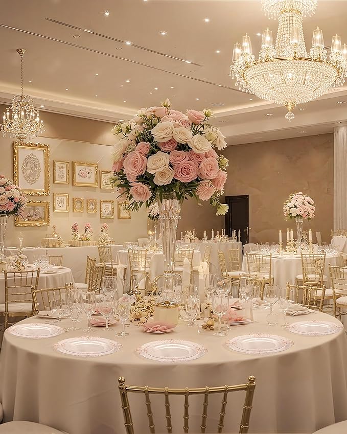 Nervure 175PCS Rose Gold Plastic Plates - Disposable Rose Gold Party Plates & Pre Rolled Napkins with Cutlery for 25 Guests, 50Plates, 75Silverware, 25Cups, 25Napkin for Wedding & Party