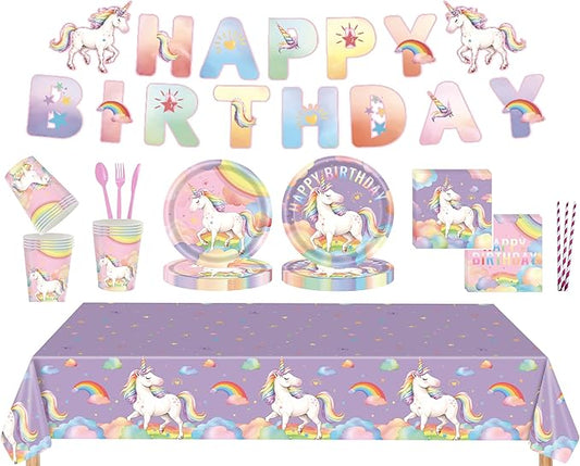 Unicorn Birthday Party Supplies Kit – 146 PCS Unicorn Party Decorations for 24 Guests, Includes Plates, Cups, Napkins, Banner, Cutlery, Tablecloth, Straws – Rainbow Theme for Girls & Boys