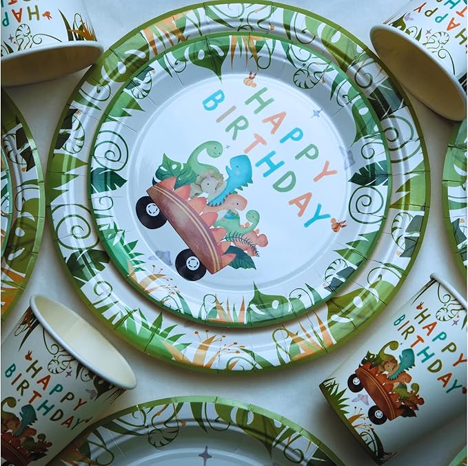 Dinosaur Birthday Party Supplies Kit – 88 PCS Dino Party Decorations for 16 Guests, Includes Plates, Cups, Napkins, Banner, Cutlery, Tablecloth, Hanging Swirls – Jurassic Dino Theme for Boys & Girls