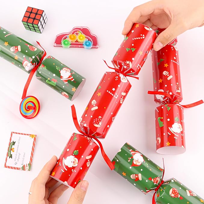 8 Pack Christmas Party Favor Non-Snap Red Green Christmas Party Table Favor with Party Hats Joke Little Gifts Inside for Kids Adults, Holiday Party Favor Xmas Dinner Traditions Supplies