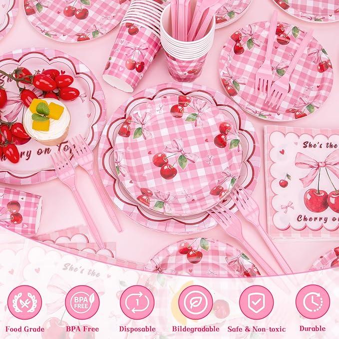 REDWORD Cherry Birthday Decorations, 120Pcs She's The Cherry On Top Party Plates Napkin Cups for Cherr y Theme Girl Birthday Baby Shower Party Decorations-Serves 24