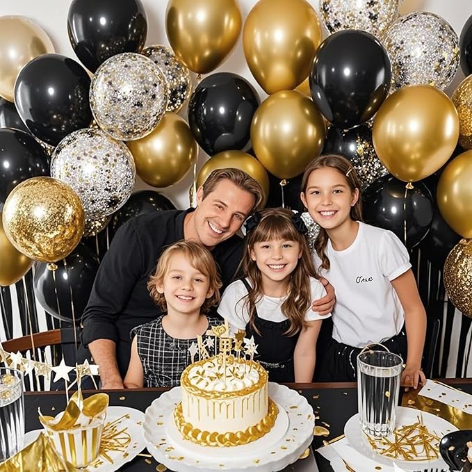 Patimate Black Gold Confetti Balloons Set, 50 pcs 12 inch Metallic Gold Black Confetti Latex Balloons Kit for Birthday Wedding Graduation New Years Anniversary Party Decorations
