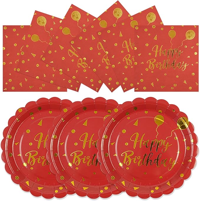 50PCS Happy Birthday Paper Plates and Napkins Party Decorations - 7 Inch Scalloped Red and Gold Dessert Plates and 6.5 Inch Napkins Disposable Tableware Set Birthday Party Supplies, Serves 25