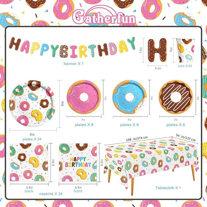Donut Party Supplies Kit for 24 - Sweet 1st Birthday, Two Sweet and Donut Grow Up Birthday Themes | Includes Plates, Napkins, Cups, Tablecloth & Banner for Donut Party Decorations & Favors