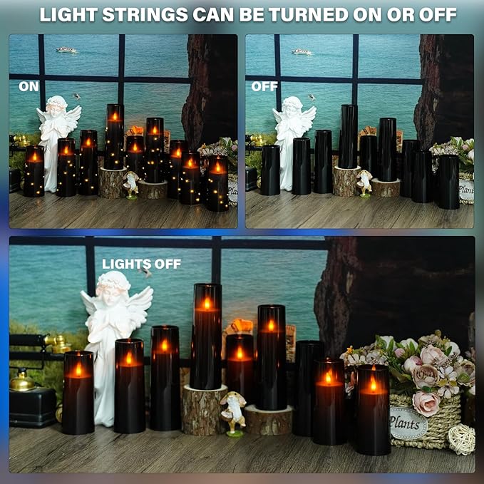 Flickering Flameless LED Candles, 9 Pcs with Embedded Star String, Acrylic LED Pillar Candles with Remote, Suitable for Home Decoration (Black)