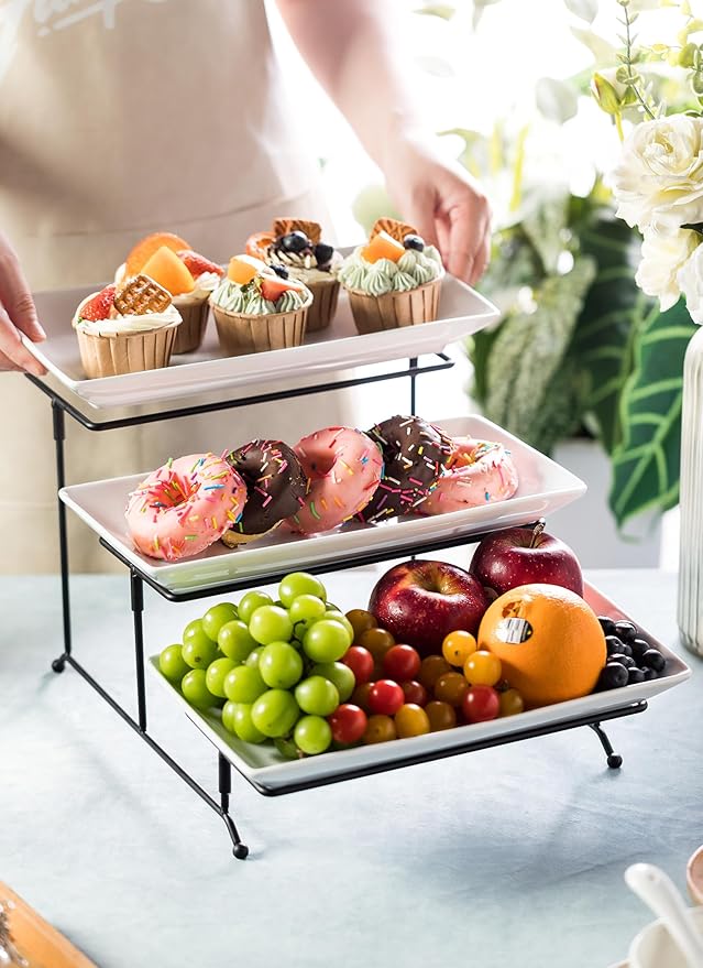 LYEOBOH Tiered Serving Stand and Platters Set, Large Tiered Tray Stand, 3 Tier Serving Tray with Collapsible Sturdier Rack, 12 Inches Tier Serving Platter for Party, Display, Dessert, and Cupcake
