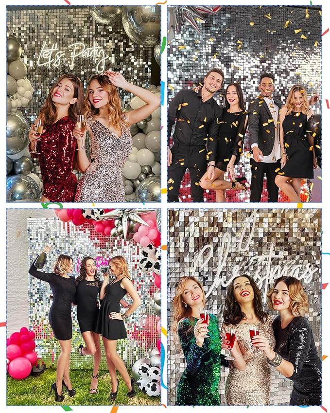 Silver Shimmer Wall Backdrop 36 Panels Cover 6 x 6 Ft, Photo Backdrops for Wedding,Anniversary,Birthday,Party Decoration