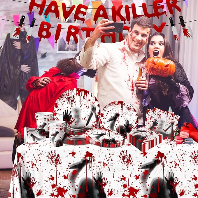 Have a Killer Birthday Decoration,142PCS Halloween Scary Party Tableware Decorations Include Killer Banner Horror Plates Napkins Bloody Tablecloth for Horror Themed Birthday Supplies