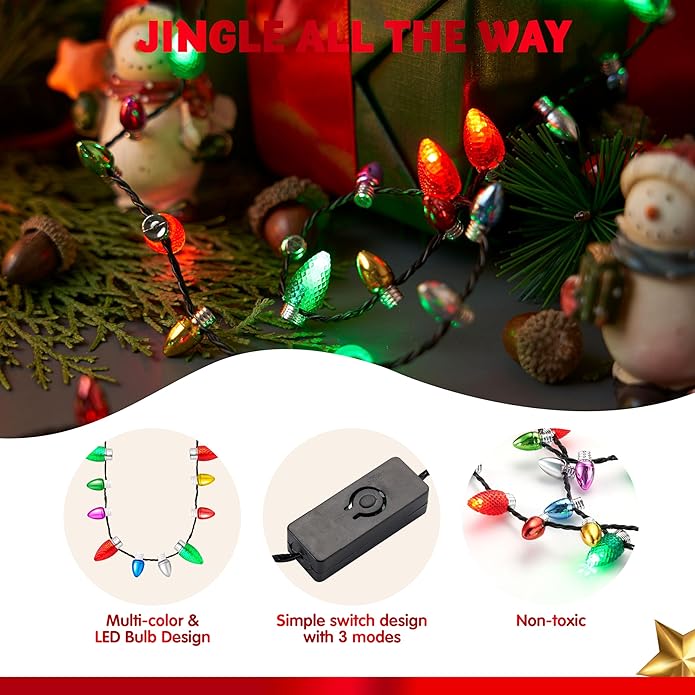 JOYIN Christmas LED Mini Bulb Necklaces, Xmas Necklace with 3 Lighting Modes, Xmas Bulb Necklaces for Xmas Party Supplies