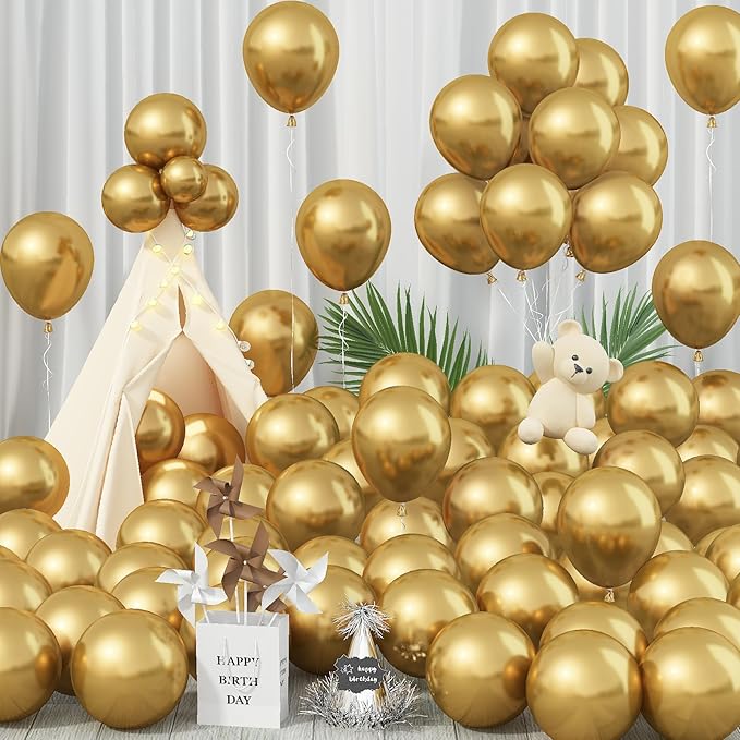 Gold Balloons 12 Inch 100 Pack, Metallic Gold Balloons Chrome Gold Metallic Balloon Shiny Matte Golden Latex Balloons for Birthday Graduation Anniversary Baby Shower Wedding Party Decorations