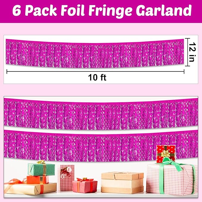 6 Pack 10 Feet Rose Red Wave Foil Fringe Garland Metallic Tinsel Streamers Banner Wall Hanging Curtain Backdrop for Parade Floats, Mother's Day, Easter, Bachelorette, Wedding Party Decoration