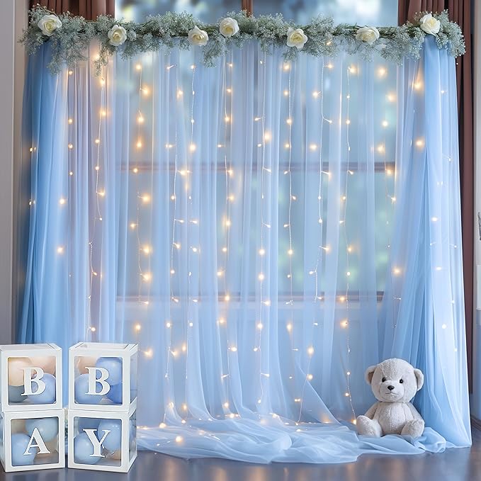 20ft x 10ft Blue Backdrop Curtain with Lights String for Parties, Sheer Tulle Wedding Photo Backdrops Drapes for Baby Shower Birthday Party Decorations Background for Photography