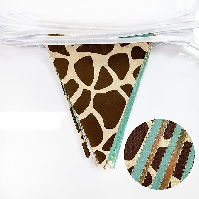 32Ft Jungle Safri Party Decorations Gold Sage Green Giraffe Printed Triangle Flag Fabric Banner Pennant Bunting Garland Streamer for Wild Animal Woodland Giraffe Birthday Baby Shower Party Decor